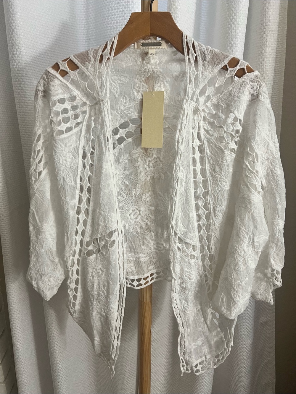 Amber Skies- White Crochet Lace Open Cardigan, medium